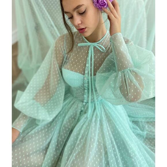 Teuta Matoshi Mint Green Swiss Dot Tulle Dress Size 12 - Picture 1 of 7